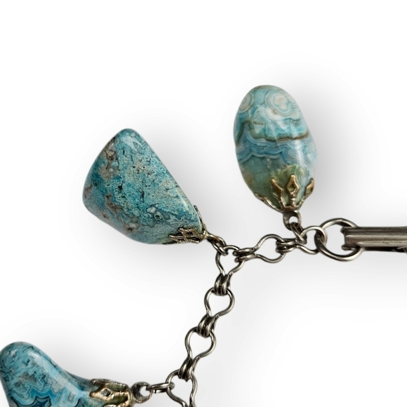 Crazy Lace Agate Charm Bracelet Ladder Link Chain Blue Natural Stone Vtg 7.25" - Picture 3 of 9